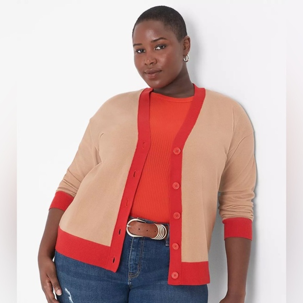 NWT Lane Bryant Cardigan Sweater Womens 1X Colorblock Button Front Tan Orange